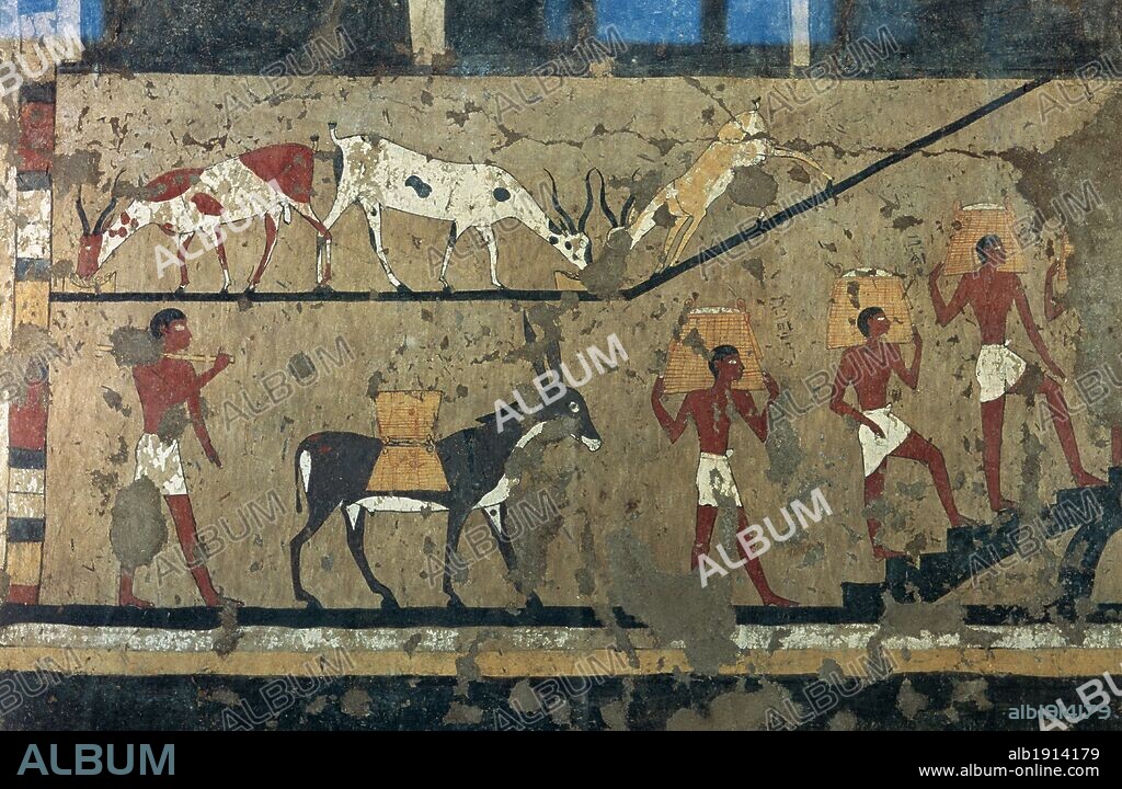 ARTE EGIPCIO. EGIPTO. Detalle de las PINTURAS MURALES de temática agrícola donde se representan a TRABAJADORES TRANSPORTANDO GRANO. TUMBA DE ITI Y NEFERU. 2140-2040 BC. EL-GEBELEN. IX-X DINASTIA.