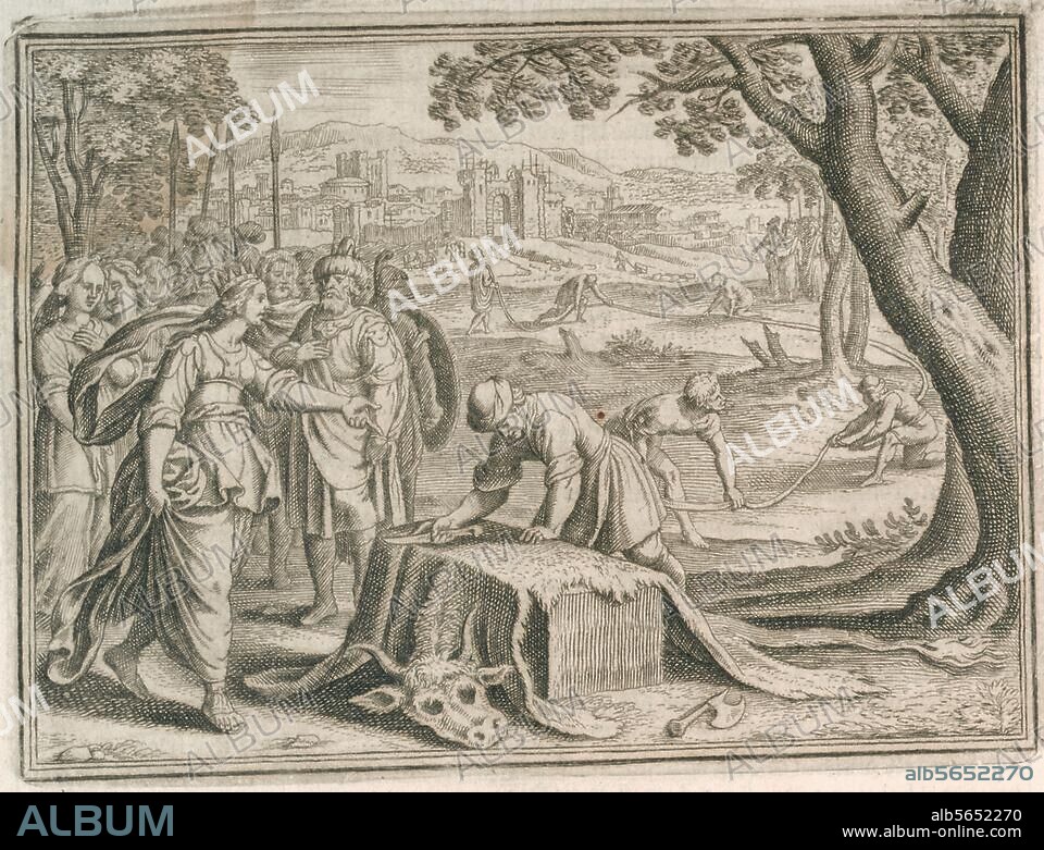 Dido, sagenhafte Gründerin Karthagos. - Dido erwirbt durch List den Bauplatz für Karthago. (Dido kauft von Jarbas soviel Land, wie sie mit einer Kuhhaut belegen kann und zerschneidet die Haut in Streifen). Kupferstich von Matthäus Merian d. Ä. (1593-1650). Aus: Johann Ludwig Gottfried, Historische Chronica, Frankfurt a. M. (M.Merian) 1630, S. 54. Berlin, Sammlung Archiv für Kunst und Geschichte.
