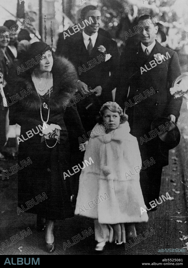 'Wedding of Lady May Cambridge and Capt. Henry Abel Smith at Balcombe Village Church, Sussex.The Duke and Duchess of York with Princess Elizabeth, bridesmaid, leaving after the ceremony. October 24, 1931. (Photo by Photopress).