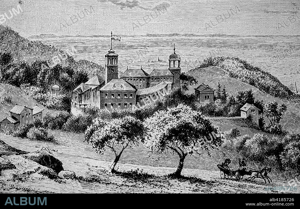 Schloss Heiligenberg was a castle to the east of Jugenheim, part of Seeheim-Jugenheim, about 12 kilometres to the south of Darmstadt, Germany, historical illustration, woodcut, 1890.
