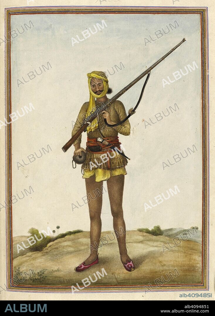 ANON. Man with a rifle. Dhanak, a caste formerly of bowmen and hunters. Tashrih al-aqvam, an account of origins and occupations of some of the sects, castes and tribes of India. Written at Hansi Cantonment, Hissar District, eighty-five miles north-west of Delhi for Colonel James Skinner. 1825. Source: Add. 27255, f.186v. Language: Persian.