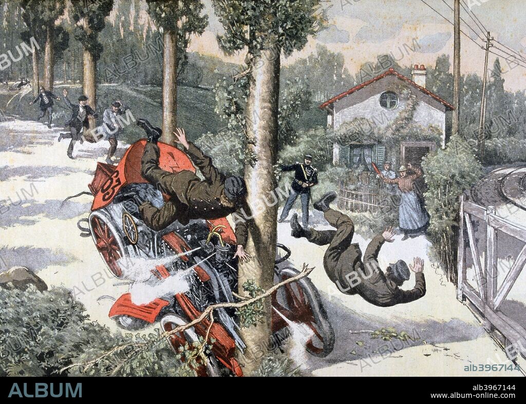 A terrible accident, Paris to Madrid race, 1903. The Paris-Madrid race of 1903 was one of a series of races staged between European cities on public roads in the early 1900s. The event was a disaster, with at least eight spectators and drivers killed, and more injured in accidents on the first day. Marcel Renault, one of the founders of the Renault car company, was amongst the fatalities. At the end of the first day with the surviving competitors having reached Bordeaux, the race was called off. The French government's reaction was to ban all open-road motor racing events. A print from the 'Le Petit Journal', 7th June 1903.