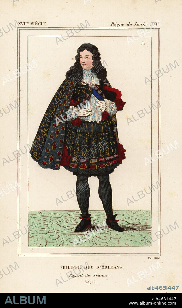 Philippe II, Duke of Orleans, 1674-1723. Philippe duc d'Orleans, Regent de France. Handcoloured lithograph by Breton after a 1692 portrait in Roger de Gaignieres' gallery portfolio X 56 from Le Bibliophile Jacob aka Paul Lacroix's Costumes Historiques de la France (Historical Costumes of France), Administration de Librairie, Paris, 1852.