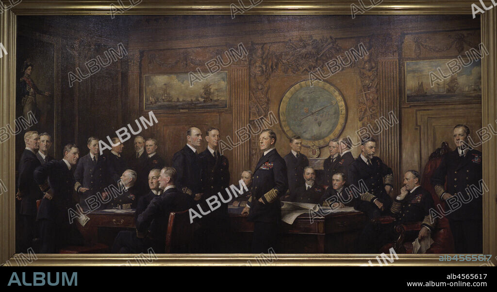 ARTHUR STOCKDALE COPE (1857-1940). BRITISH ARTIST.. Oficiales de la Marina Británica de la Primera Guerra Mundial. Pintura realizada por el artista Arthur Stockdale Cope (1857-1940). Oleo sobre lienzo (264,1 x 514,4 cm), 1921. National Portrait Gallery. Londres. Inglaterra.