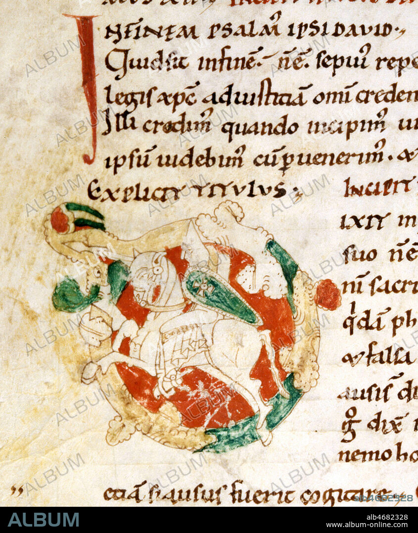 Lettre ornee D (ixit) - Chevalier , in Enarrationes in Psalmos par Saint Augustin , fin du XIeme siecle, 11eme siecle. Moyen Age. Manuscrit medieval conserve a la bibliotheque du MANS, Ms 228 F° 25V. Credit Collection JEAN VIGNE/KHARBINE TAPABOR.