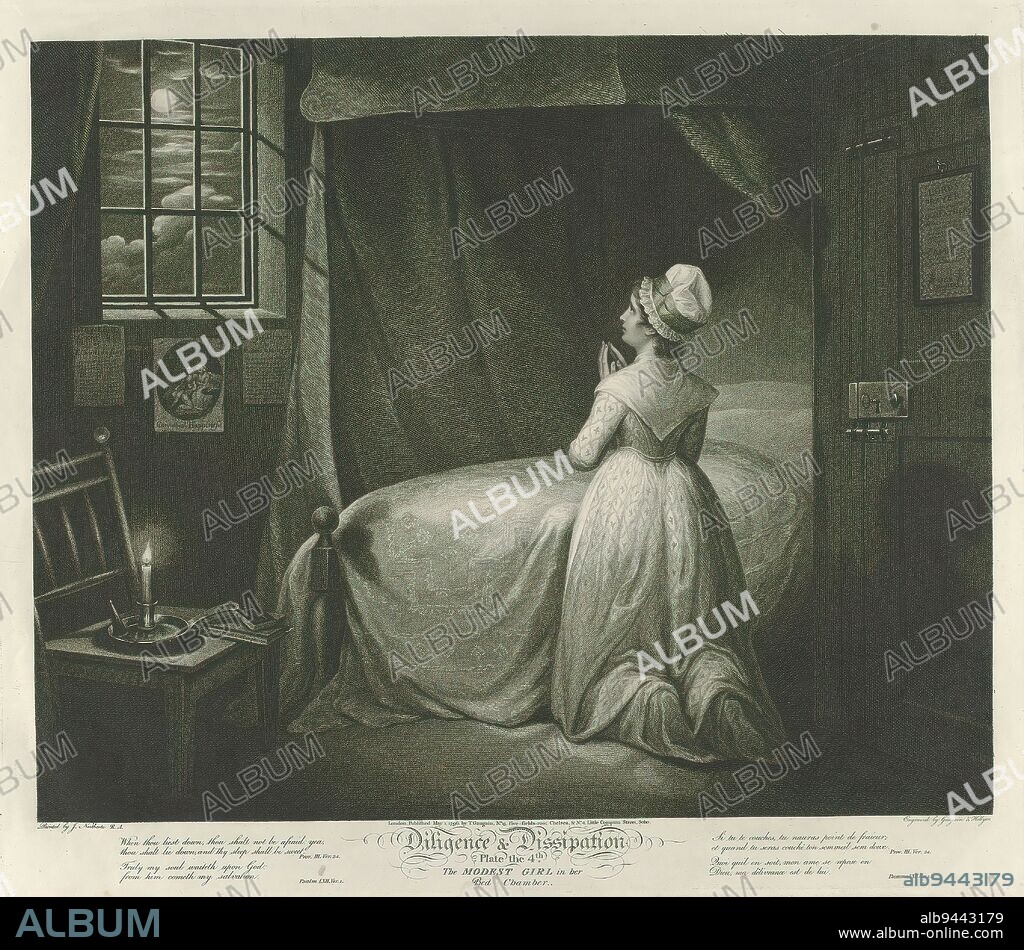 Modest maid praying in her bedroom, Plate 4. The Modest Girl in the Bed Chamber (title on object), Virtue and Debauchery (series title), Diligence & Dissipation (series title on object), The modest maid prays beside her bed, looking at the moon shining through the window. On a chair and on the wall are edifying printed materials. The print is part of an album., print maker: Thomas Hellyer, (mentioned on object), print maker: Thomas Gaugain, (mentioned on object), after painting by: James Northcote, (mentioned on object), London, 1-May-1796, paper, etching, height 465 mm × width 540 mm.