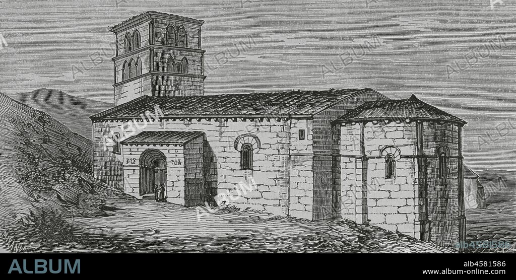 España. Cervatos. Colegiata de San Pedro de Cervatos. Románica. Vista exterior. Dibujo por Fernando Miranda. Grabado por Sierra. Crónica General de España, Historia Ilustrada y Descriptiva de sus Provincias. Castilla-La Vieja,1870. Biblioteca Histórico Militar de Barcelona, Cataluña, España.