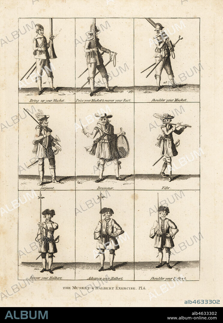 Musket and halberd exercises. Copperplate engraving from Francis Grose's Military Antiquities respecting a History of the English Army, Stockdale, London, 1812.