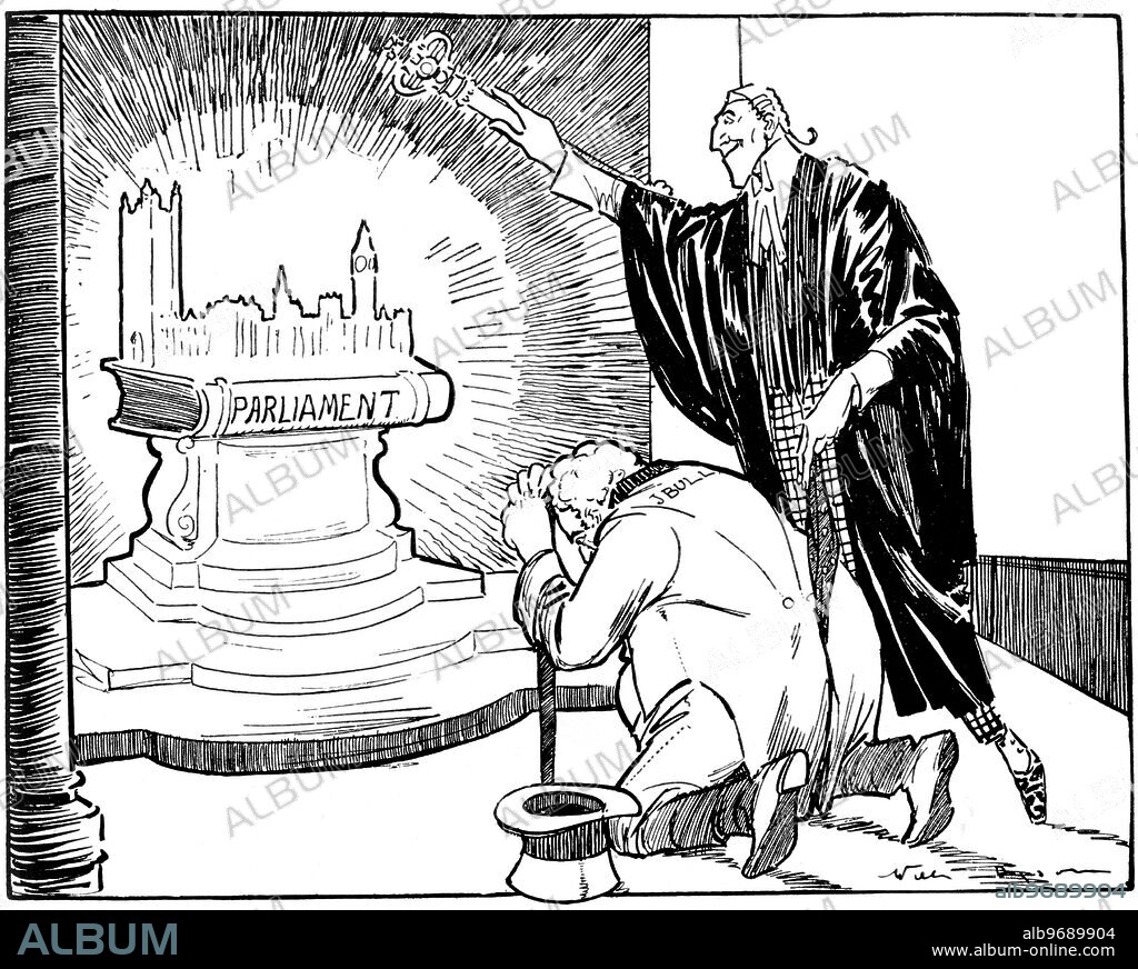 JOHN BULL - IDOLATER - AND HIS HIGH PRIEST . Drawing by Will Dyson , an Australian illustrator and political cartoonist , well known for his socialist viewpoint . 1910s.