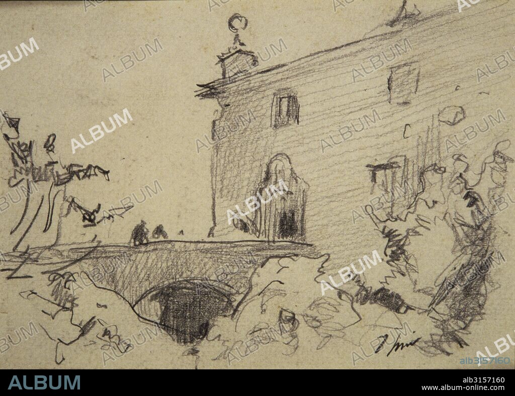 JOAQUIN MIR. Acceso por puente al palacio. Dibujo.