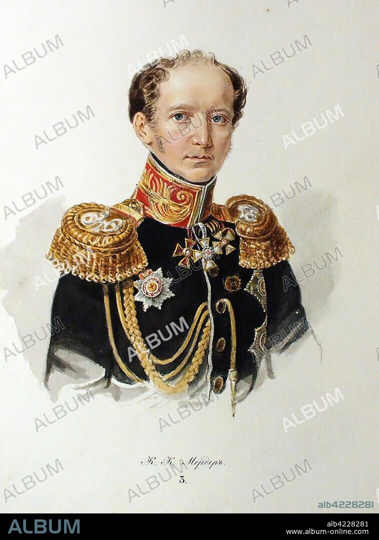 F. REIMERS. 'Portrait of K.K. Merder'. Series "Portraits of the Tutors of Future Emperor Alexander II". Russia, St Petersburg, 1835. Dimensions: 19,3x14,8 cm; 33,5x26,5 cm.