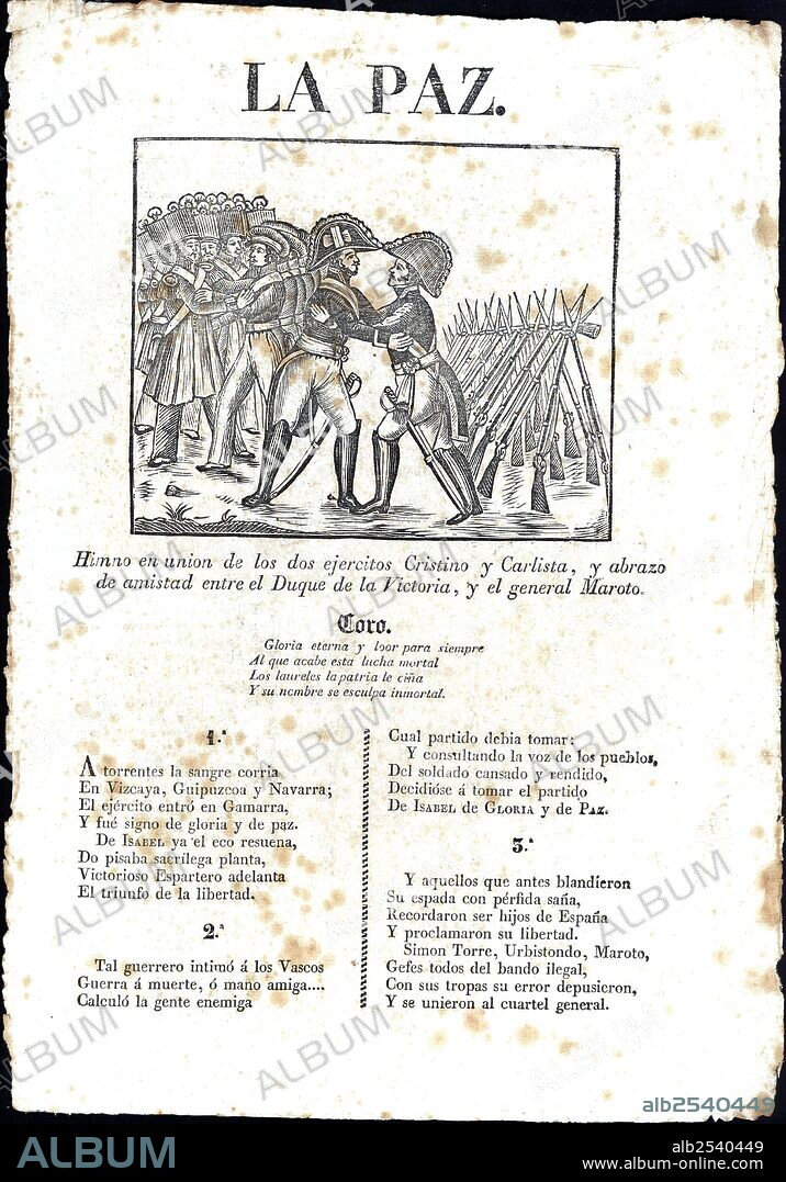 Primera guerra carlista. Grabado popular representando la Paz entre los bandos carlistas y cristinos, conocido como el abrazo de Vergara, entre el general Espartero, duque de la Victoria, y el general Maroto. Años 1840.