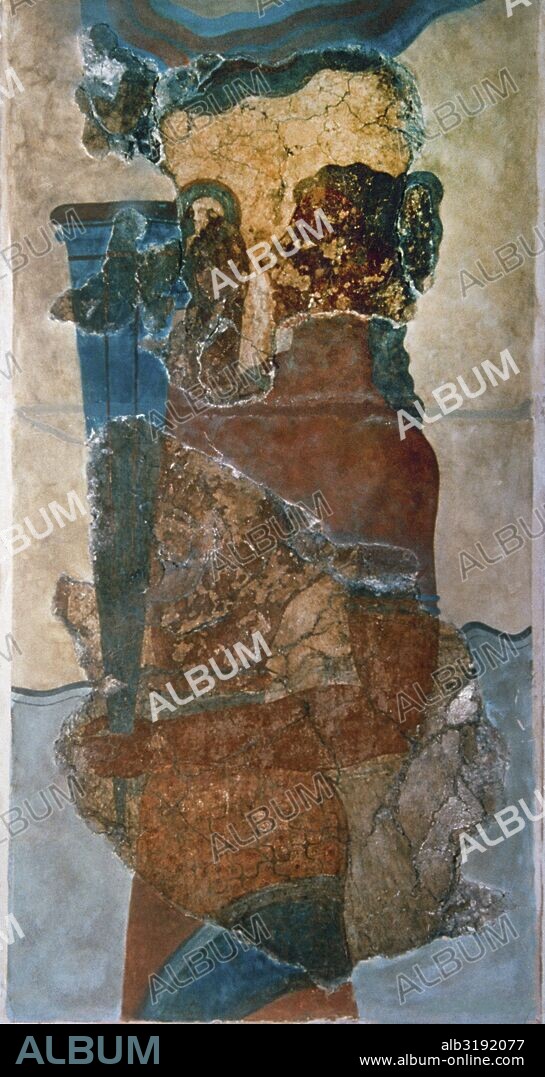 Minoan civilization. Knossos Palace. Bronze Age. Cupbearer. Fragment  of the Procession Fresco, Grand Staircase of Knossos Palace, 1500-1400 BC. New-Palatial period. Crete. Archaeological Museum of Heraklion. Crete, Greece.