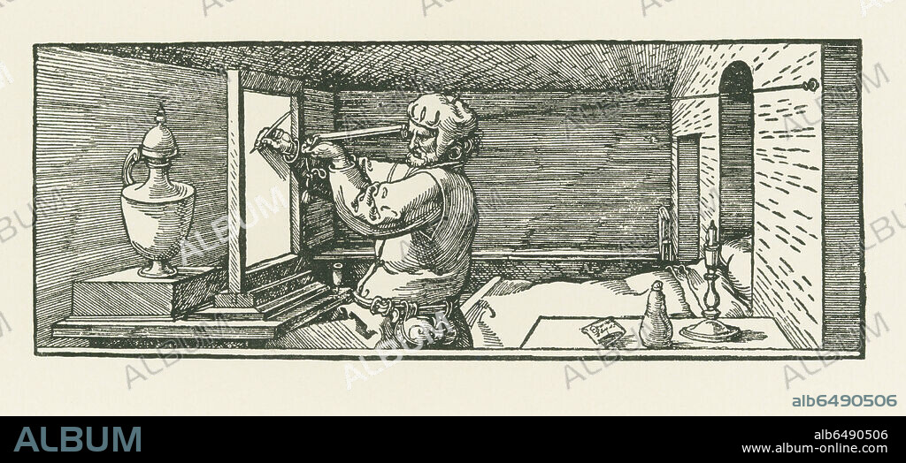 ALBRECHT DÜRER. A man drawing a can. llustration from Albrecht Duerer's Treatise on the Art of Measurement ("Vnderweysung der messung"), first edition published by Hieronymus Andreae, Nuremberg, 1525. 
Woodcut, 85 x 217mm. (fol. Q3v.).