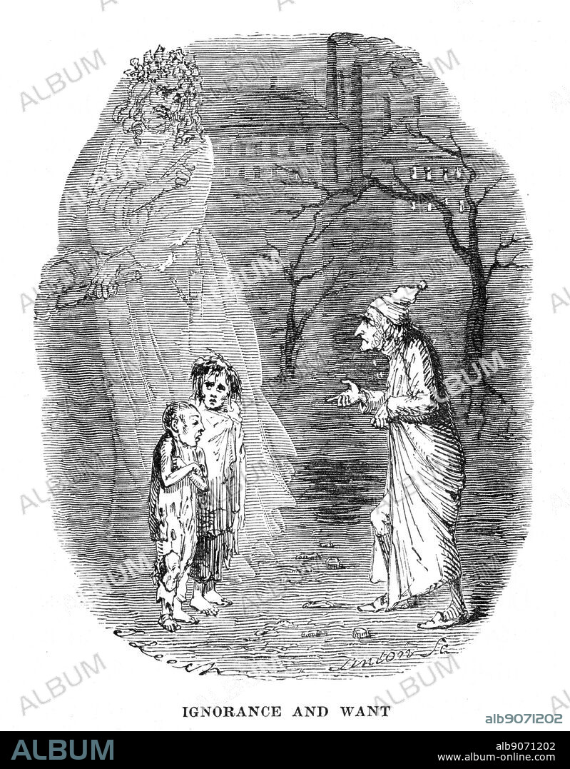 Ignorance and Want presented by a ghost appearing to Scrooge. Illustration by John Leech (1817-1864) for Charles Dickens (1812-1870) 'A Christmas Carol', London 1843-1844.
