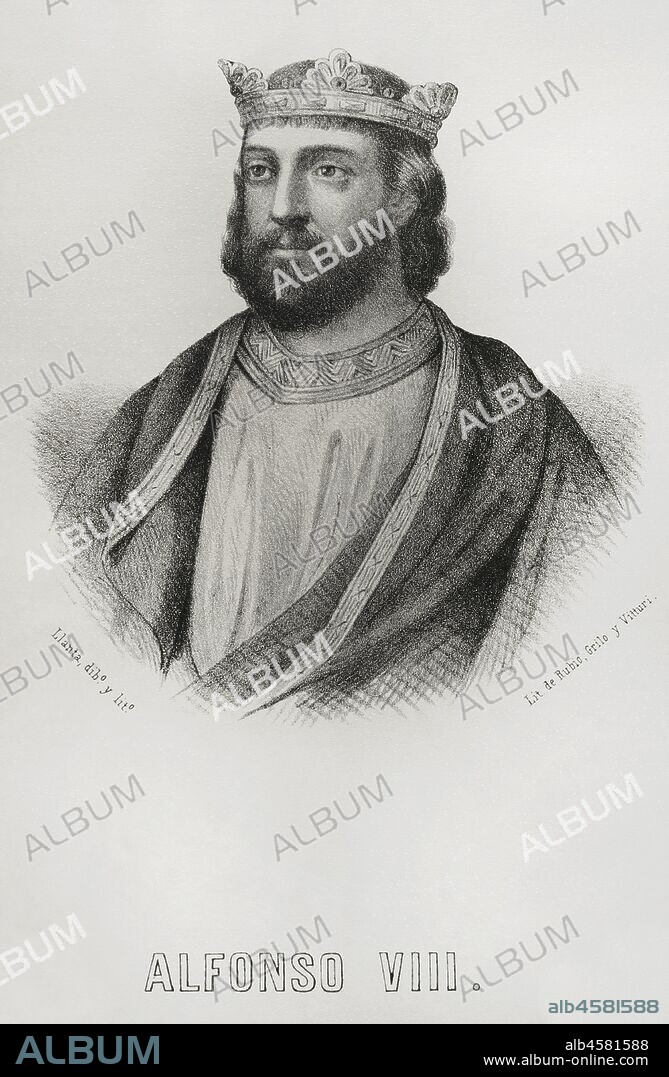 Alfonso VIII of Castile (1155-1214), called the Noble or the one of the Navas. King of Castile from 1158 and King of Toledo. Illustration by Llanta. Lithography. Cr—nica General de Espa–a, Historia Ilustrada y Descriptiva de sus Provincias. Castilla-La Vieja, 1870.