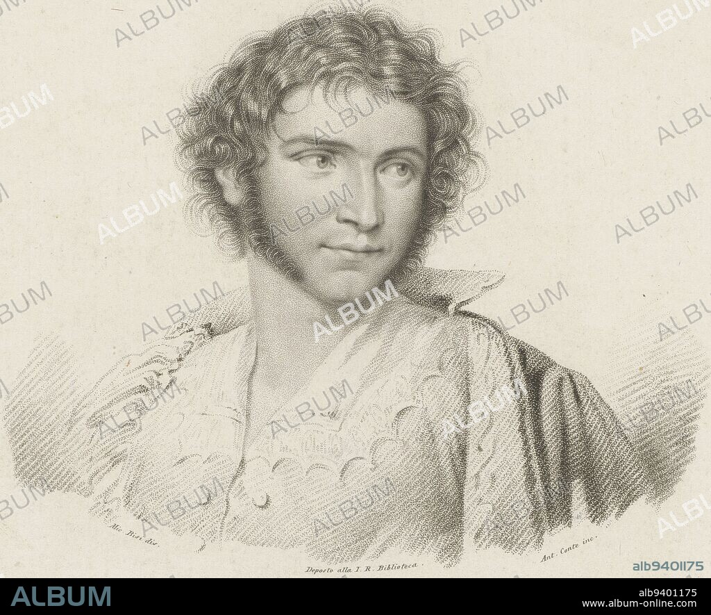 Portrait of actor Tommaso Sgricci, print maker: Antonio Conte, (mentioned on object), intermediary draughtsman: Michele Bisi, (mentioned on object), publisher: Pietro & Giuseppe Vallardi, (mentioned on object), print maker: Italy, intermediary draughtsman: Italy, publisher: Milaan, 1790 - 1890, paper, h 265 mm × w 185 mm.