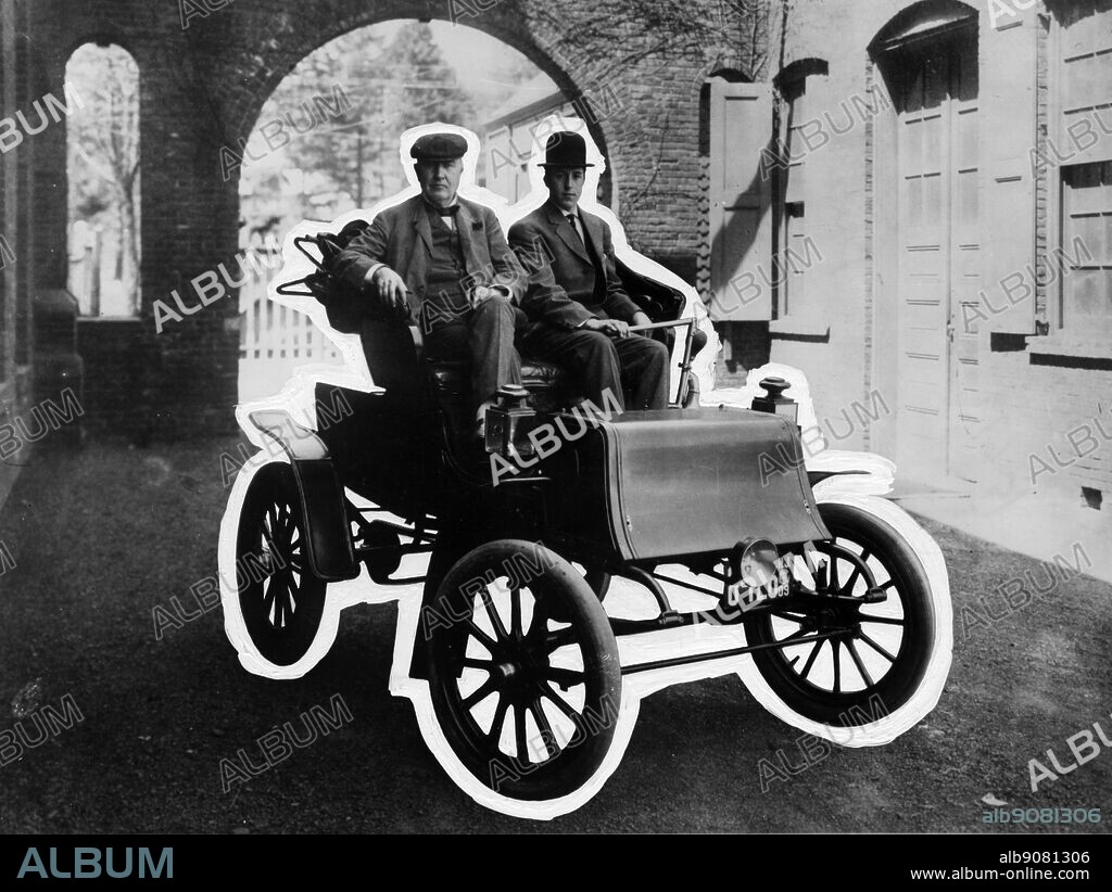 Thomas Edison and George Meister (assistant secretary of the laboratory) in Studebaker electric Auto 1909. Orange New Jersey.