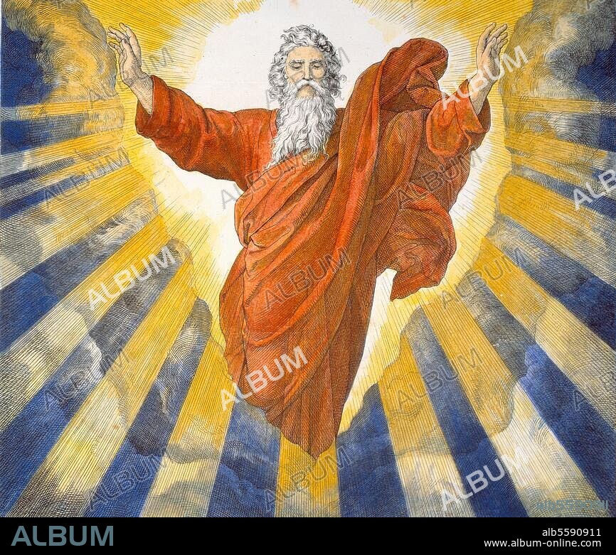 JULIUS SCHNORR VON CAROLSFELD. Schnorr von Carolsfeld, Julius. 1794-1874. "The First Day of Creation". (Genesis 1,1-3). Woodcut, coloured later. From: The Bible in Pictures, Leipzig. (Georg Wigand) 1860, page 1. Berlin, Sammlung Archiv für Kunst und Geschichte.