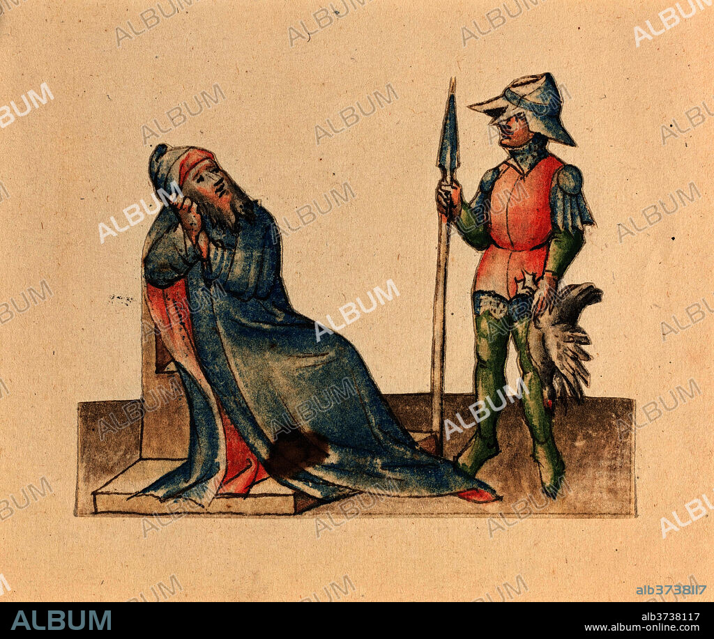 AUSTRIAN 15TH CENTURY. Seated Old Man and Standing Soldier. Dated: c. 1420/1430. Dimensions: image: 6.8 x 8.5 cm (2 11/16 x 3 3/8 in.). Medium: pen and ink with watercolor; fragment from Bible MS (German text on image verso); image cut in silhouette and mounted on backing sheet.