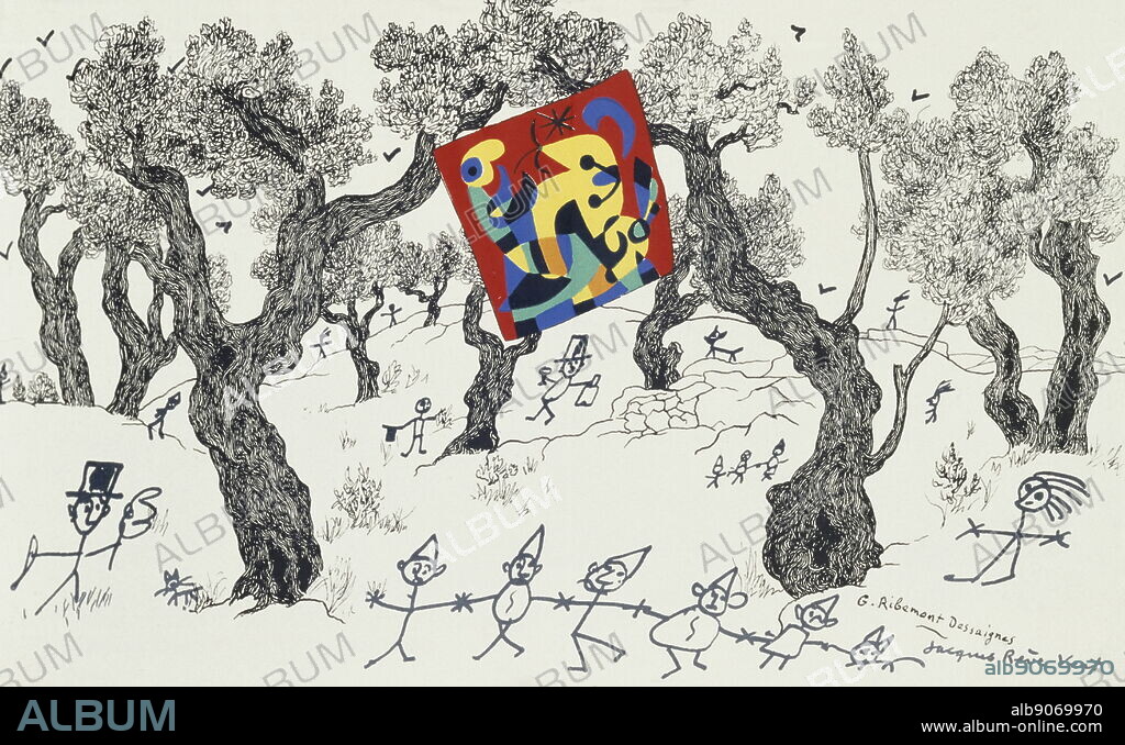 JACQUES PRÉVERT. Composition, 1950 by artists: Jacques Prévert (1900 - 11 April 1977), Georges Ribemont-Dessaignes (June 19, 1884 - July 9, 1974) and Joan Miro.