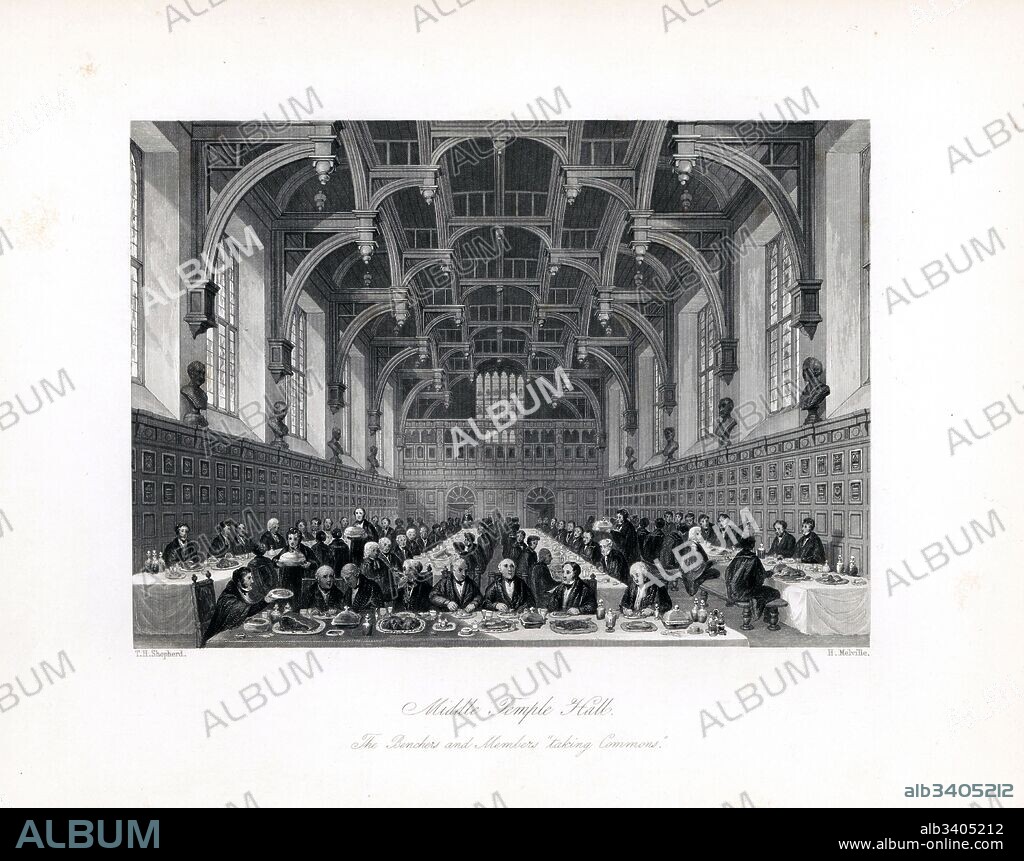 The Benchers and students of a society of lawyers dining at Middle Temple Hall. Elizabethan carved wood screen, stained glass windows, and heraldic shields. Steel engraving by Henry Melville after an illustration by Thomas Hosmer Shepherd from London Interiors, Their Costumes and Ceremonies, Joshua Mead, London, 1841.