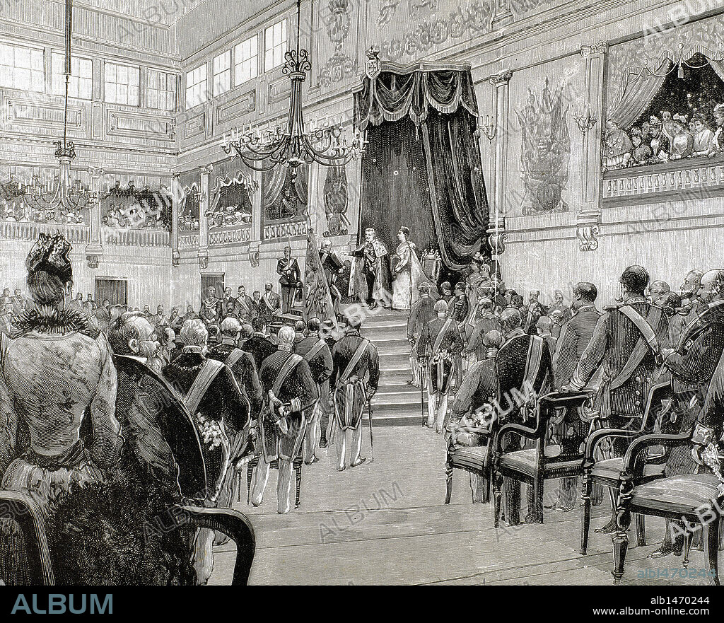 CARLOS I (1863-1908). Rey de Portugal (1889-1908). Hijo de Luis I y Maria Pia de Saboya. 'Proclamación del rey Carlos I de Portugal, el 28 de diciembre del año 1889'. S. XIX. Grabado del año 1890.