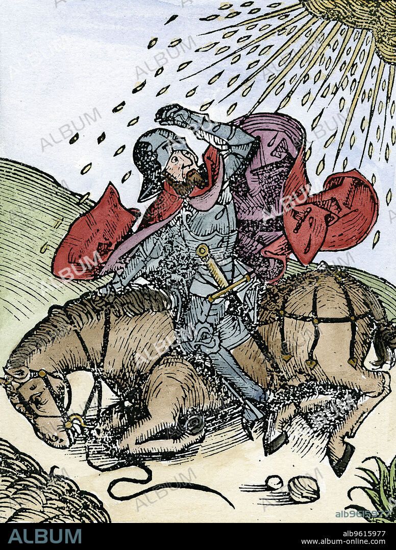 Conversion of St Paul on the road to Damascus, 1493. Saul of Tarsus (1st century) who took the name Paul after seeing a vision of Christ on the road to Damascus. He went on to become one of the leading figures in the early Christian church. From Liber chronicarum mundi (Nuremberg Chronicle) by Hartmann Schedel. (Nuremberg, 1493).