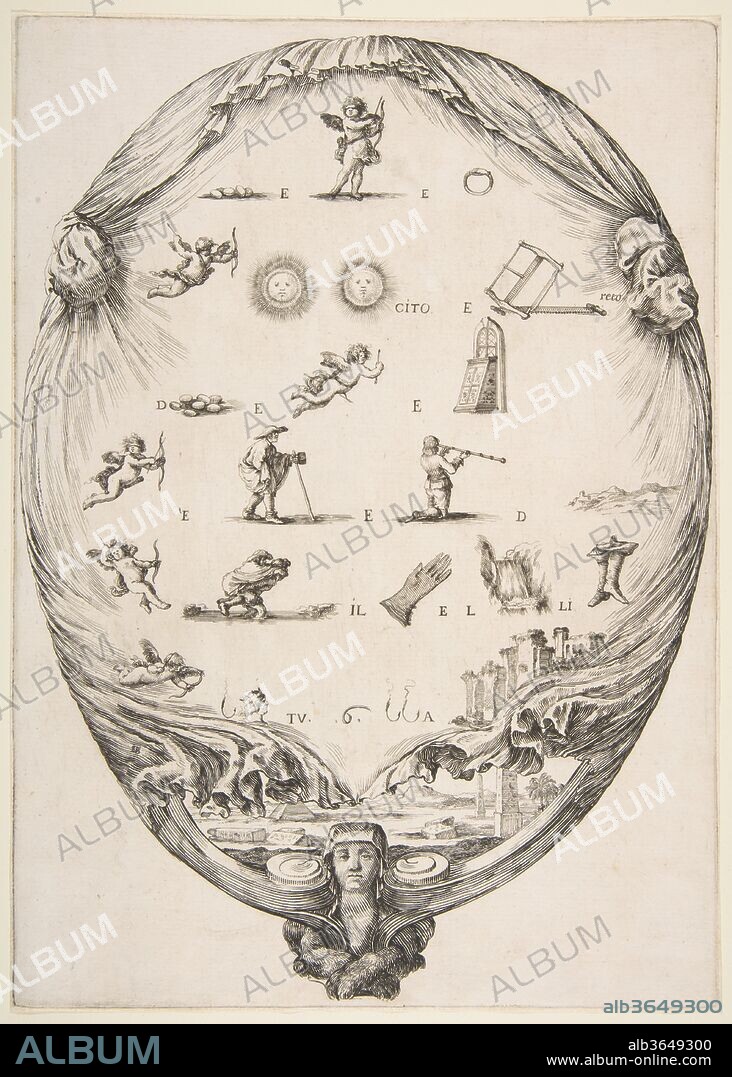 Rébus on the subject of love, a riddle depicted on drapery, below a landscape with a pyramid and two obelisks, a bust of a sphinx at bottom, an oval composition. Artist: Stefano della Bella (Italian, Florence 1610-1664 Florence). Dimensions: Sheet (trimmed to plate): 11 7/16 × 8 1/4 in. (29.1 × 20.9 cm). Date: ca. 1639.