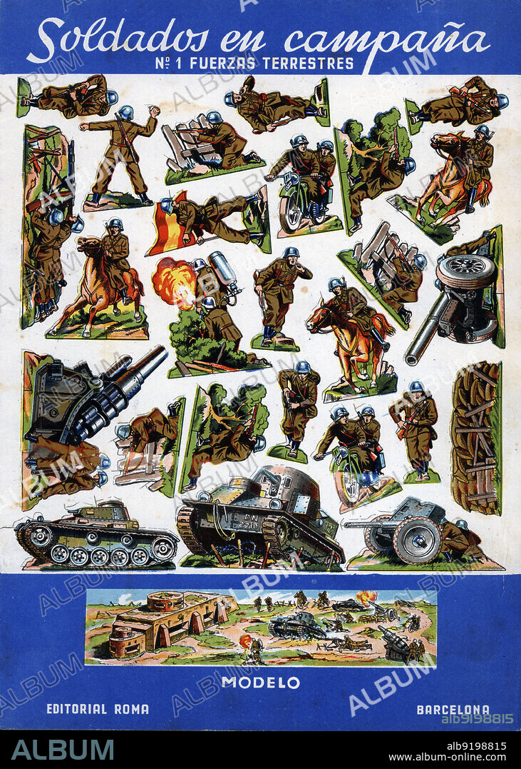 España. Hoja recortable infantil. Carpeta número uno de la colección Soldados en campaña. Fuerzas terrestres. Editorial Roma, de Barcelona. Años 1950.