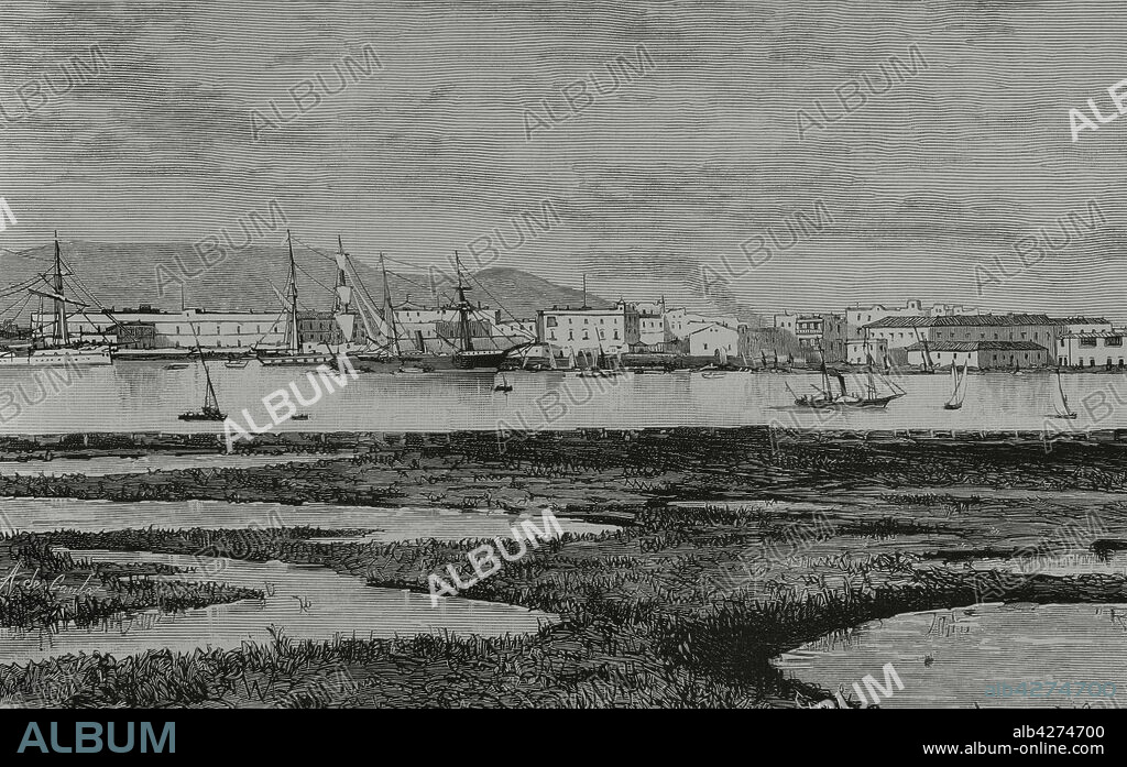 Egipto. Suez. Vista general de la ciudad, desde los lagos inmediatos a la orilla del canal. Grabado. La Ilustración Española y Americana, 22 de julio de 1882.
