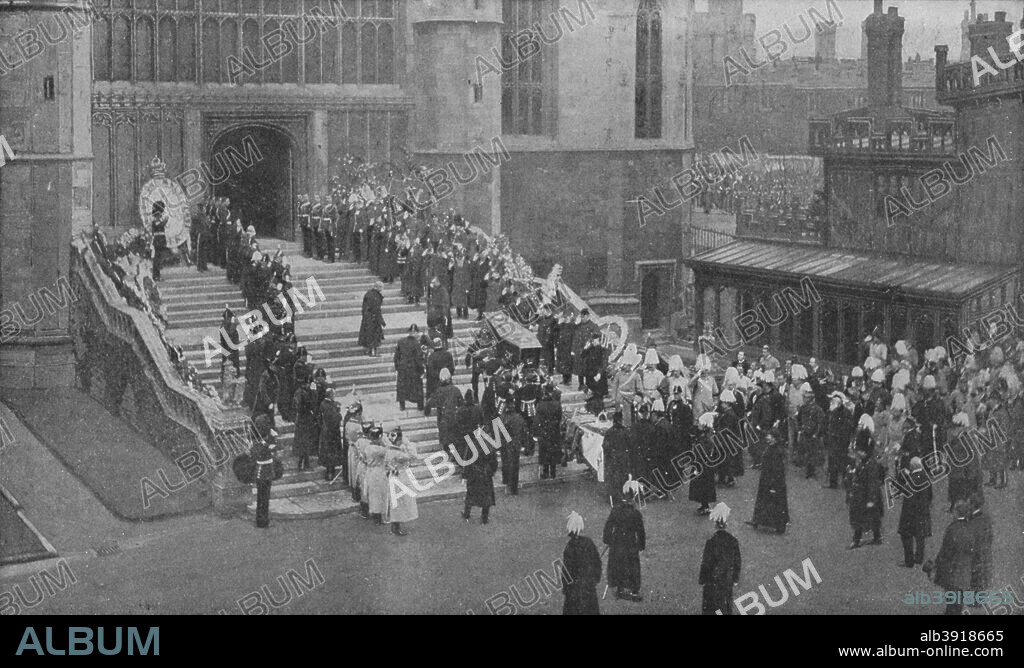 The funeral of Queen Victoria, 1901 (1909). The coffin being carried into St George's Chapel, Windsor. From Harmsworth History of the World, Volume 7, by Arthur Mee, J.A. Hammerton, & A.D. Innes, M.A. [Carmelite House, London, 1909].
