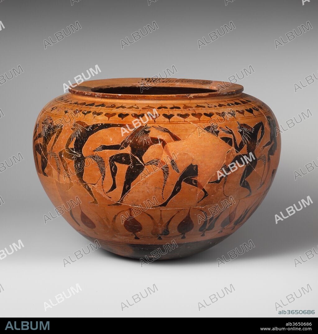 Terracotta dinos (deep round-bottomed bowl). Culture: Etruscan. Dimensions: H. 8 5/16 in. (21.1 cm). Date: late 6th century B.C..
Satyrs reveling
Campana dinoi frequently depict dancing men or satyrs, subjects appropriate for wine-mixing vessels. They are likely the products of Etruscanized East Greek artists who set up workshops in Southern Etruria in the late sixth century B.C. The style derives its name from the Marchese Giovanni Campana (1808-1880), an Italian banker, amateur archaeologist, and collector, who once owned several examples.