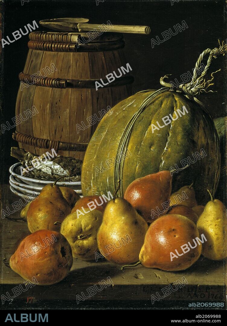 LUIS MELÉNDEZ. Luis Egidio Meléndez / 'Bodegón con peras, melones, platos y barril', 1764, Escuela Española, Óleo sobre Lienzo, 48 cm x 35 cm, P00919.