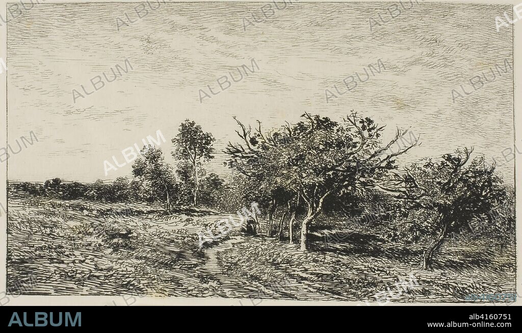 CHARLES FRANCOIS DAUBIGNY. Apple Trees at Auvers. Charles François Daubigny; French, 1817-1878. Date: 1877. Dimensions: 144 × 243 mm (image); 198 × 281 mm (plate); 265 × 390 mm (sheet). Etching and drypoint on ivory Japanese paper. Origin: France.