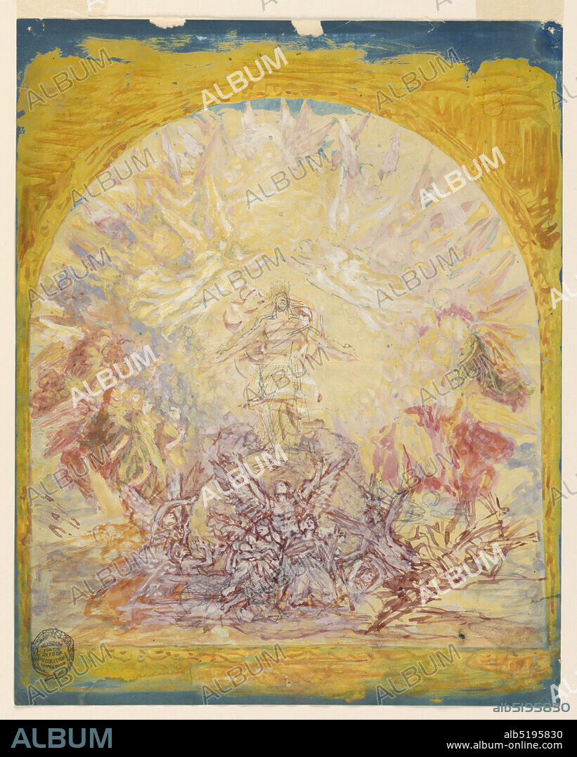 Sketch for the Painting in the Chancel of St. Bartholomew, New York City, Francis Augustus Lathrop, American, 1849 - 1909, Brush and gouache, graphite on blueprint, Christ standing on a sphere which is supported by angels, and a glory of angels surrounds Him. Charity, Faith, and an angel are shown in the bottom center., USA, 189394, religion, Drawing, Drawing.