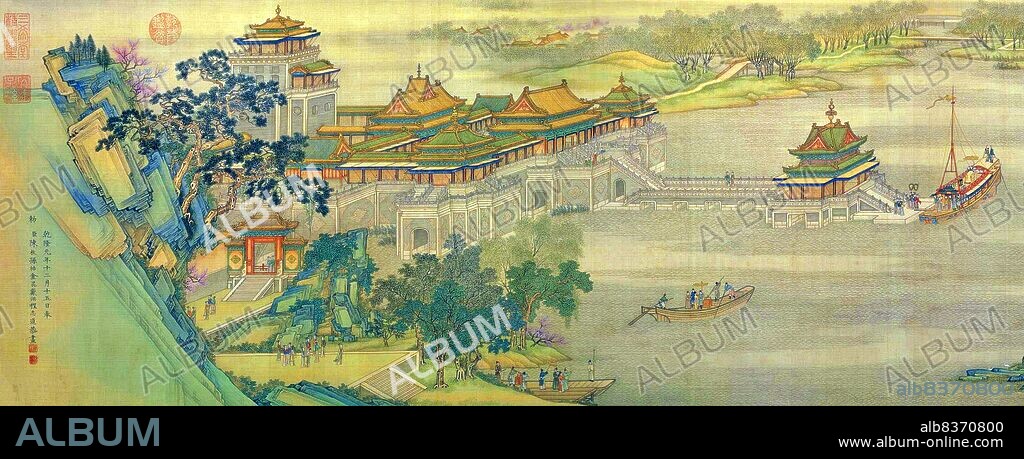 'Along the River During the Qingming Festival' is a painting by the Song dynasty artist Zhang Zeduan (10851145). It captures the daily life of people and the landscape of the Northern Song capital, Bianjing, today's Kaifeng. The theme is said to celebrate the festive spirit and worldly commotion at the Qingming Festival, rather than the holiday's ceremonial aspects, such as tomb sweeping and prayers.<br/><br/>. Successive scenes reveal the lifestyle of all levels of the society from rich to poor as well as different economic activities in rural areas and the city, and offer glimpses of period clothing and architecture. The scroll is 25.5 centimetres (10.0 inches) in height and 5.25 meters (5.74 yards) long. In its length there are 814 humans (of whom only 20 are women), 28 boats, 60 animals, 30 buildings, 20 vehicles, 8 sedan chairs, and 170 trees. The countryside and the densely populated city are the two main sections in the picture, with the river meandering through the entire length.<br/><br/>. The original painting is the most celebrated work of art from the Song dynasty. Due to this high artistic reputation, it has inspired several works of art that revived and updated the style of the original. The version presented here was made by five Qing dynasty court painters (Chen Mu, Sun Hu, Jin Kun, Dai Hong and Cheng Zhidao) and presented to the Qianlong Emperor on January 15, 1737.<br/><br/>. There are many more people, over 4,000, in the Qing remake, which also is much larger (at 11 metres by 35 cm, or 37 ft by 1 ft). The full scroll should be viewed from right to left.