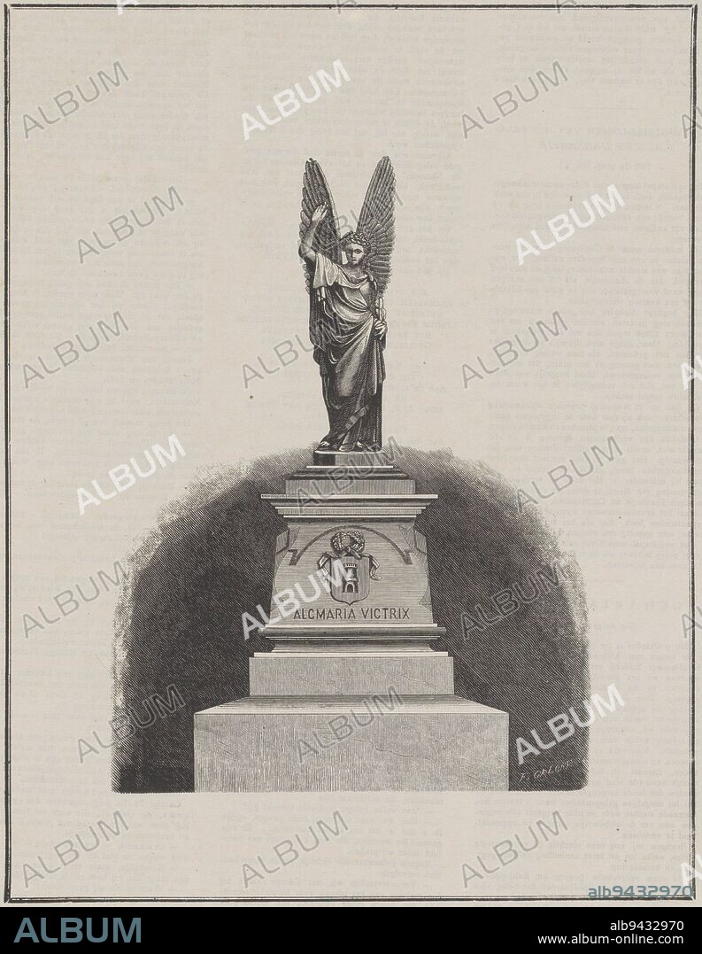 Winged Victoria standing on pedestal with coat of arms of the city of Alkmaar and a line of Latin text, Statue to commemorate the relief of Alkmaar on 8 October 1573 Alcmaria victrix , print maker: Frits Ohrloff, (mentioned on object), Frans Stracké, Amsterdam, 1876 - 1883, paper, letterpress printing, h 307 mm × w 235 mm.