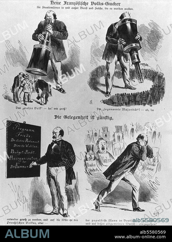 Bismarck, Otto von; Staatsmann; 1815-98. "Neue Französische Volks-Gucker" / "Die Gelegenheit ist günstig". (Karikaturen auf Bismarcks Äußerungen über "Volk" und "Majorität" und auf die Volksstimmung gegen Bismarck). Holzstich nach Wilhelm Scholz (1824-1893). Aus: Kladderadatsch, 1866, Nr. 10. (10. März) und Nr. 25 (3. Juni). Berlin, Sammlung Archiv für Kunst und Geschichte.
