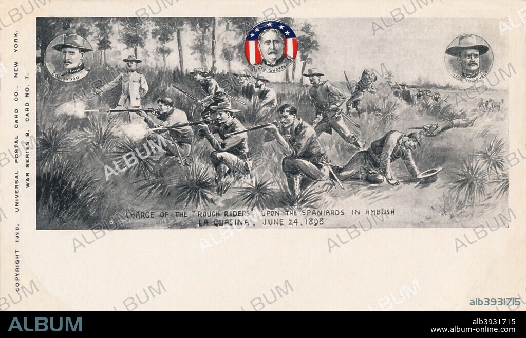 'Charge of the Rough Riders upon the Spaniards in Ambush, La Quasina, June 24 1898'. c1900. The Battle of Las Guasimas of 24th June 1898. The Rough Riders, the first United States Volunteer Cavalry, in 1898 for the Spanish American War. [Universal Postal Card Co., New York, c1900].