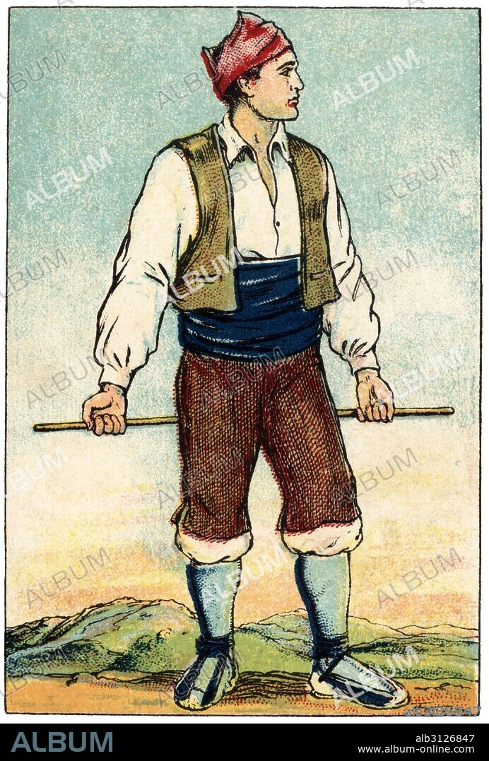 ALBERT MESTRE MORAGAS. Traje típico aragonés de principios del siglo XX. Cromo de Chocolates Juncosa. Años 1920.