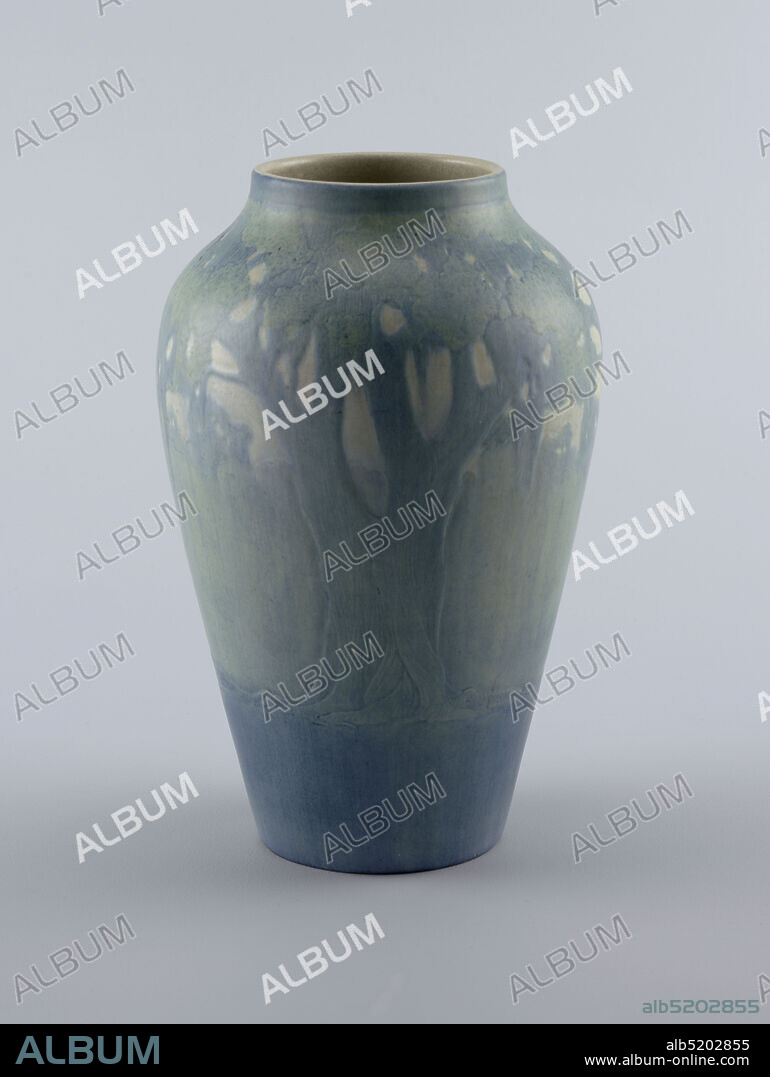 Vase, Sadie Agnes Estelle Irvine, American, 18871970, Glazed earthenware, Buff clay body, thrown. Ovoid body with swelling at shoulder, truncated neck - no foot. Carved in relief, recessed ground, design of Spanish moss-covered oak trees encircling body, against background of underbrush and sky; lower quarter of design below tress is undecorated. Waxy matte glazes of blue, green and blue-green; sky is cream matte glaze. Interior is cream matte glaze. Bottom not glazed. Crazing to glaze., New Orleans, Louisiana, USA, 190615, ceramics, Decorative Arts, Vase.