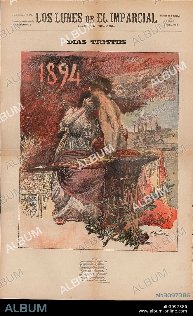 Portada del semanario Los Lunes de El Imparcial. Soneto de Emilio Ferrari versando sobre la situación de España en la época. Madrid, enero de 1894.