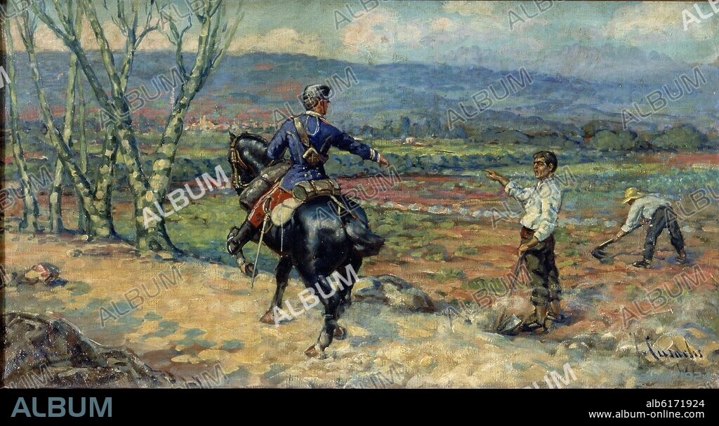 JOSE CUSACHS Y CUSACHS (1851-1908). (MILITAR A CABALLO HABLANDO CON UN CAMPESINO) 1888.