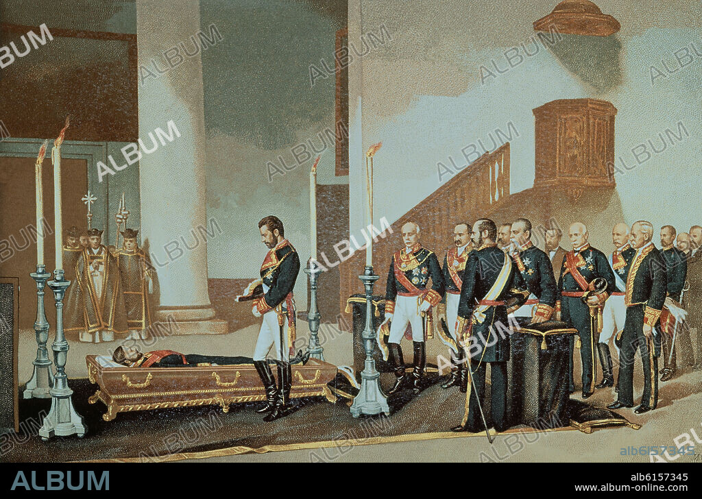 ANTONIO GISBERT (1834-1902). Spanish school. Amedee of Savoy (Amedeo di Savoia) before the dead body of general Juan Prim. Amedeo I de Saboya ante el cadaver del General Prim. Lithograph. Madrid, municipal museum.
