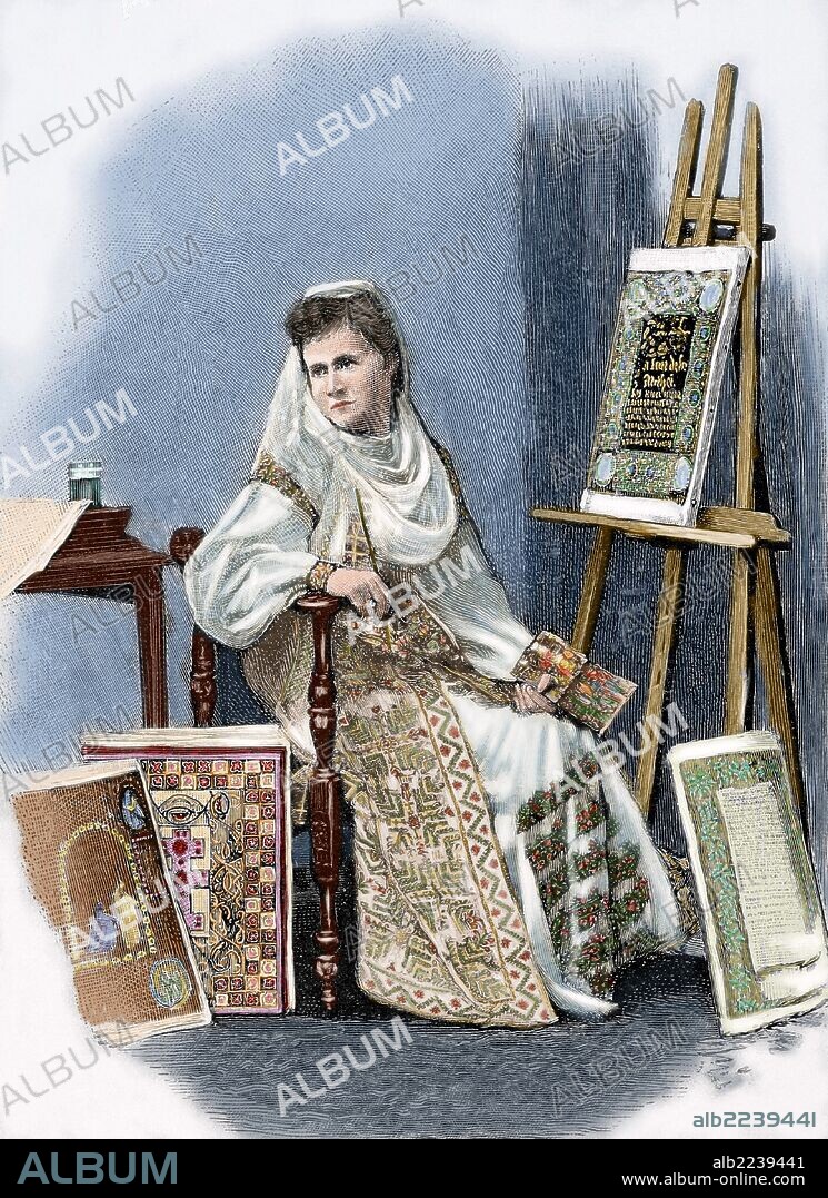 Isabel de Wied (1843-1916). Reina consorte de Rumanía por su matrimonio con el rey Carlos I, además de una célebre novelista bajo el pseudónimo de Carmen Sylva. "Carmen Sylva pintando iniciales para la catedral". Grabado coloreado de "La Ilustración Ibérica", año 1888.