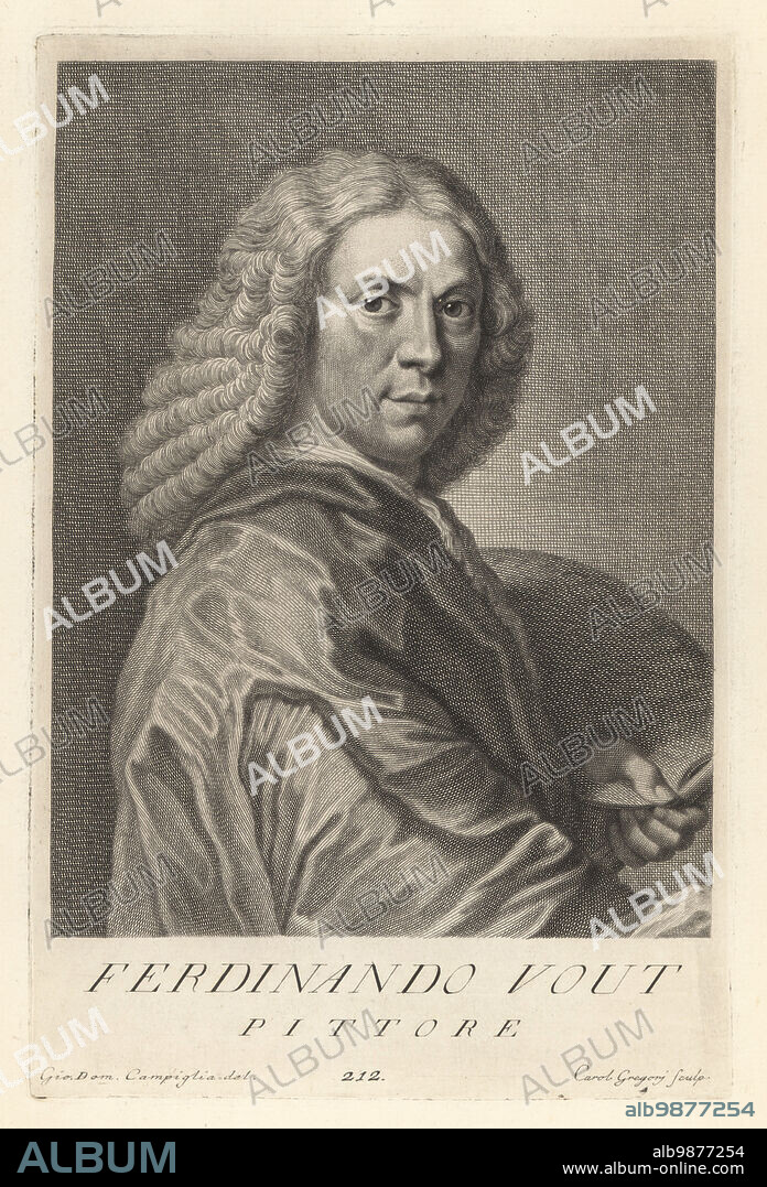 Jacob Ferdinand Voet or Jakob Ferdinand Voet, Flemish portrait painter, c.1639-1689. In powdered wig and mantle, holding palette and paintbrushes. Ferdinando Vout, Pittore. Copperplate engraving by Carlo Gregori after Giovanni Domenico Campiglia after a self portrait by the artist from Francesco Moucke's Museo Florentino (Museum Florentinum), Serie di Ritratti de Pittori (Series of Portraits of Painters) stamperia Mouckiana, Florence, 1752-62.