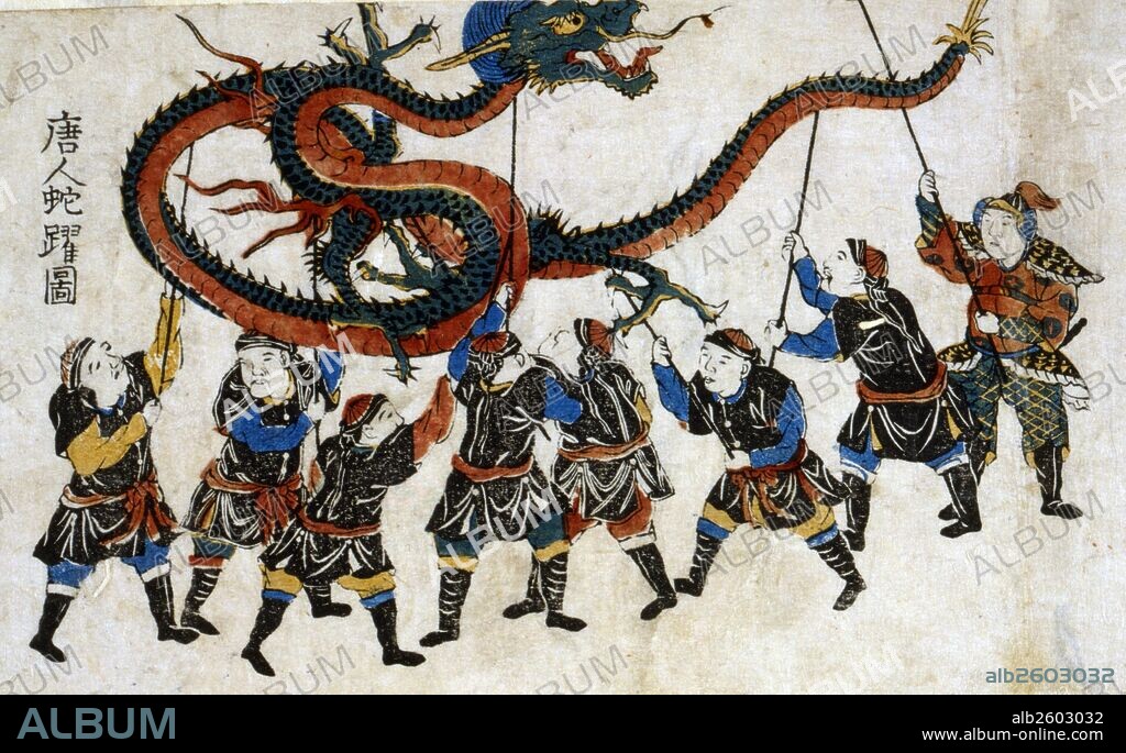 Japanese hand coloured woodcut. This print shows eight men holding up a dragon decoration, performing the 'Dragon Dance'. Created between 1850 and 1875.