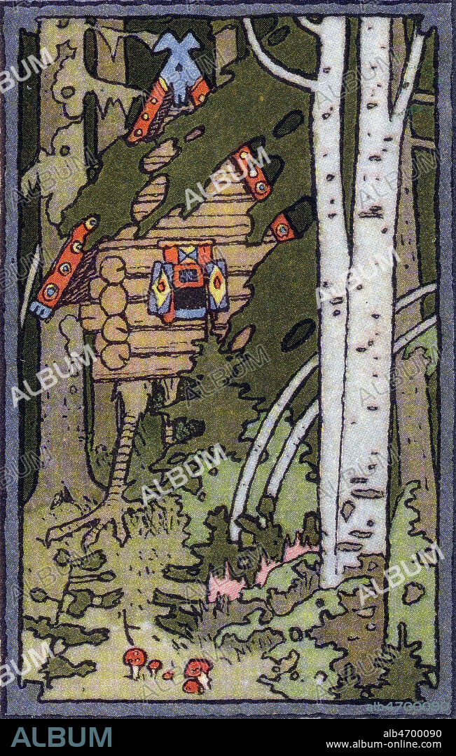 Contes russes: l'isba sur pattes de poule appartenant a la sorciere baba yaga, conte russe illustration Ivan BILIBINE (1876-1942) in CONTES de L'ISBA, ed Boivin et cie 1931. Credit Collection privee KHARBINE TAPABOR.