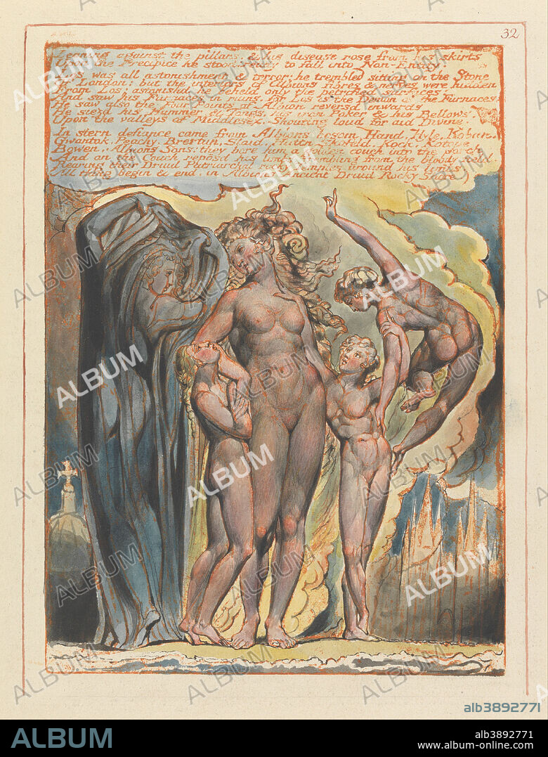 WILLIAM BLAKE. Jerusalem, Plate 32, "Leaning against the pillars....". Date/Period: 1804 to 1820. Print. Orange print, pen, black ink and watercolor on cream-colored paper (Relief etching printed in orange with pen and black ink and watercolor on moderately thick, smooth, cream wove paper). Height: 223 mm (8.77 in); Width: 162 mm (6.37 in).
